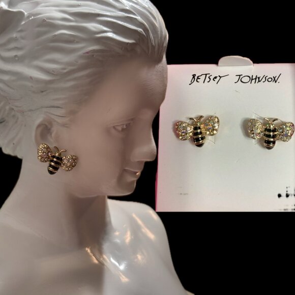 Betsey Johnson Gold-Black Pave Crystal Bumble Bee Stud Earrings-Gift Boxed - Picture 1 of 5
